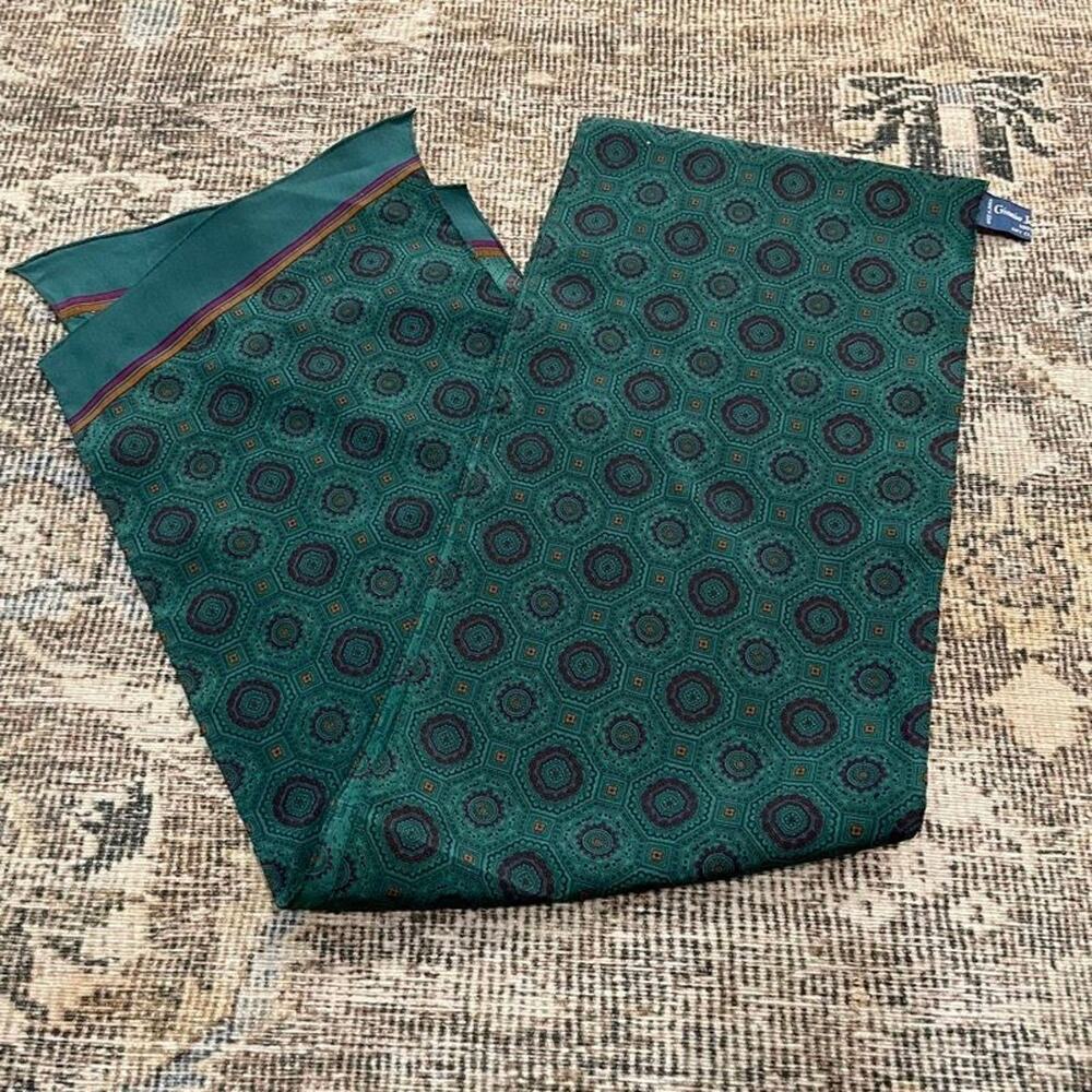 Vintage Ginnie Johansen 100% Silk Scarf Green Medallion Print Signed Japan 1987